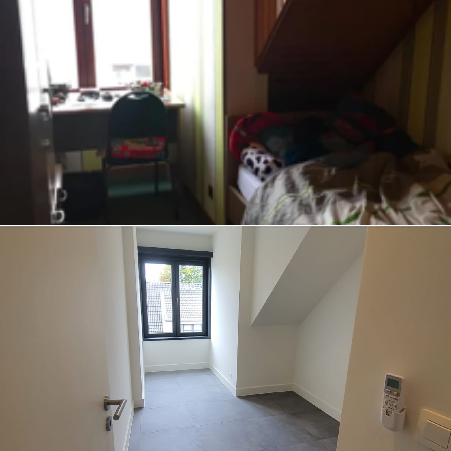 Voor en na foto totaalrenovatie bureau en slaapkamer in Brecht