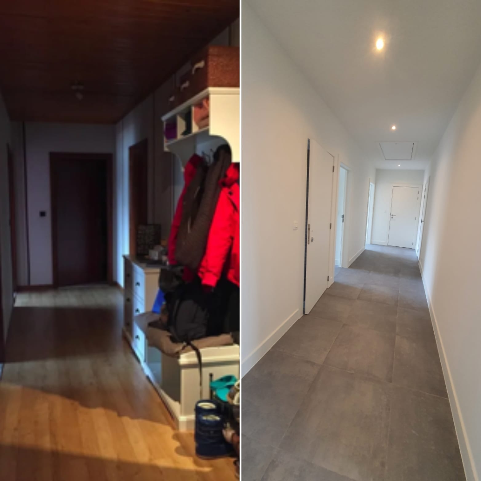 Voor en na foto totaalrenovatie hal in appartement Brecht