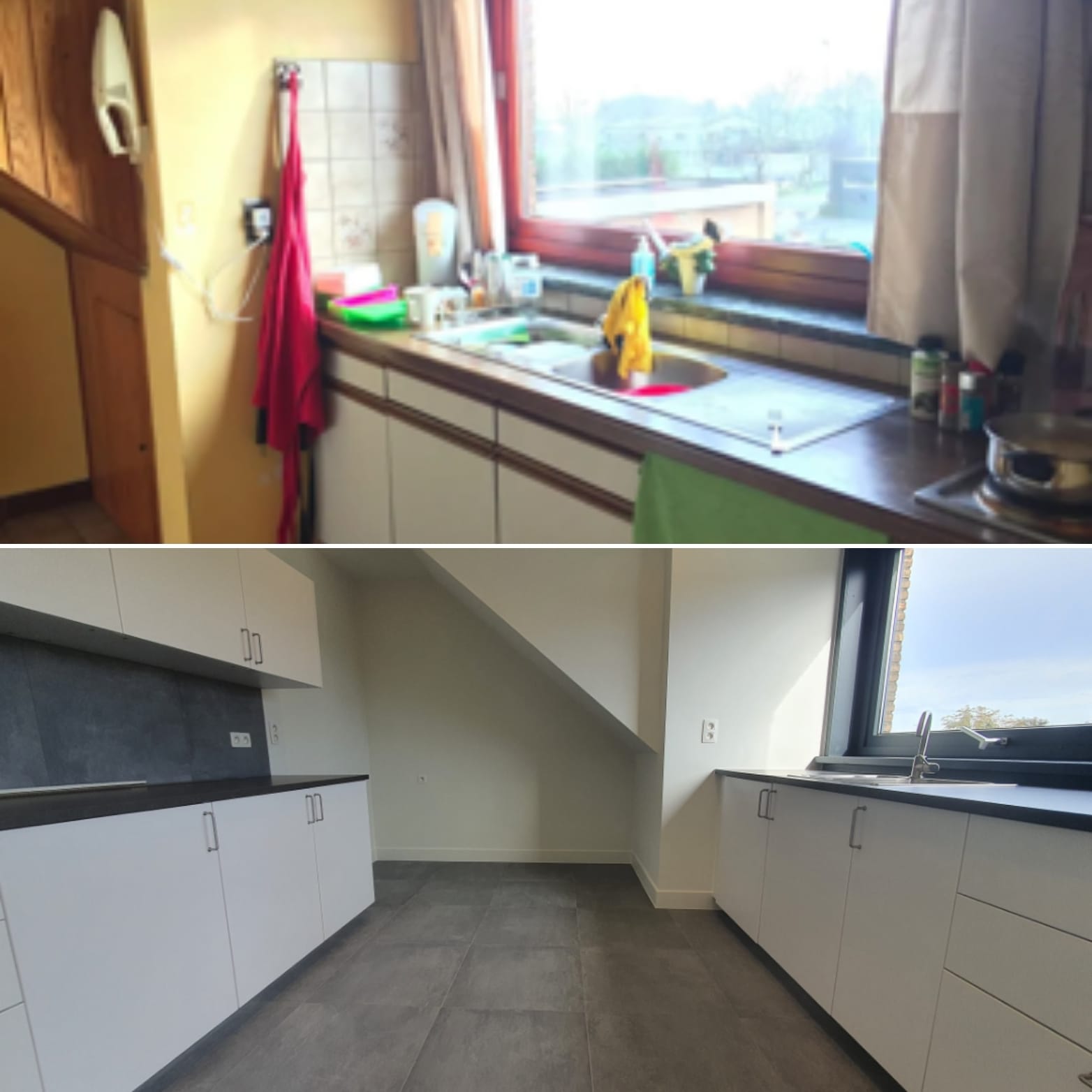 Voor en na foto totaalrenovatie keuken in appartement in Brecht